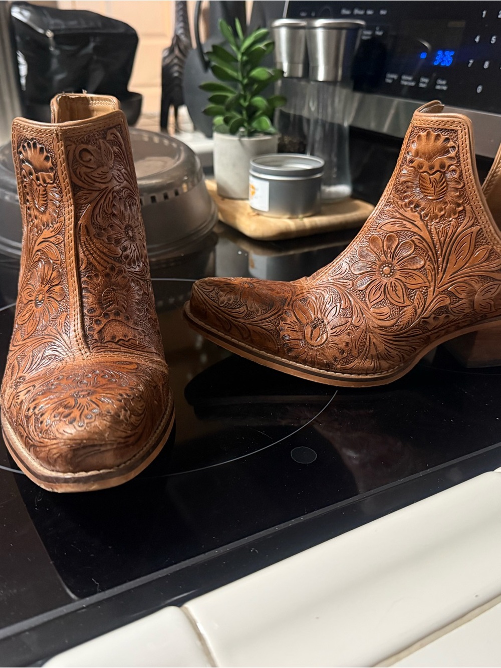 Women's Embossed Floral Leather Ankle Boots - Brown